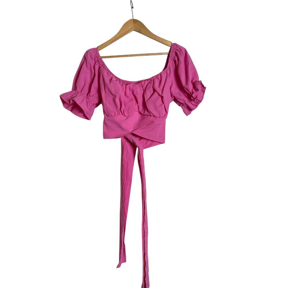 Petal and Pup 100% Cotton Fuchsia Puff Sleeve Wrap Tie Crop Top Women's Size 10